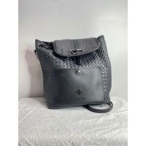 Lucky Bees Woven Faux Leather Drawstring Backpack Black Bee Logo Casual vean